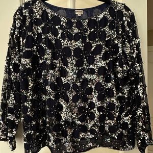 Gorgeous Silk Sequin Top, Blue, sheer sleeves covered in sequins Sz Medium